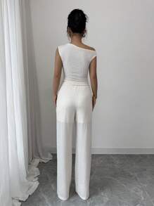 Elenzga Set de 2 piezas de top y pantalones casuales de mujer de unicolor y cuello asimétrico