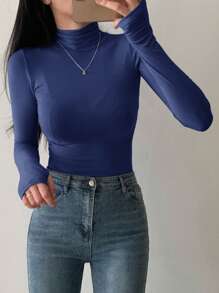 DAZY Turtleneck Long Sleeve Autumn/Winter Slim Fit Base Layer Top, Minimalist Essential Undershirt For Women - Navy Blue - View 4