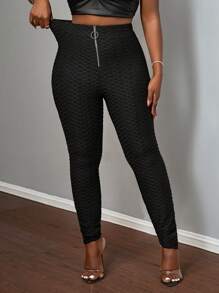 Slaydiva Women's Casual Elegant Black Circular Zipper Waistband Stretch Fabric Pants, Autumn/Winter