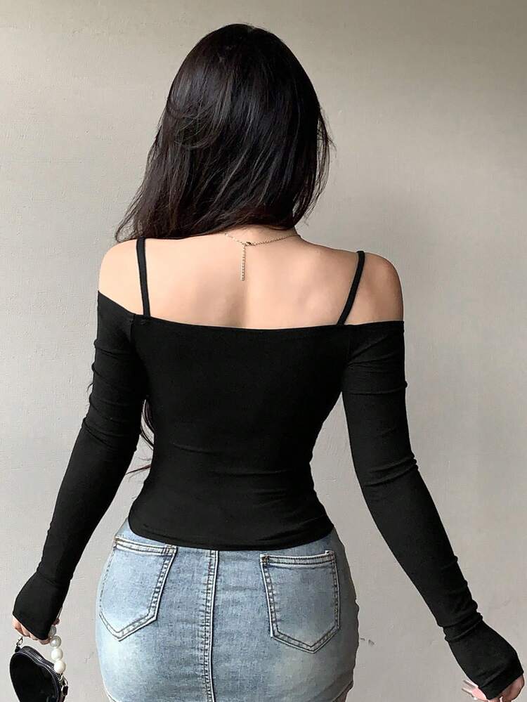 Women's Off Shoulder Slim Fit T-Shirt, Pure Black, Spring/Summer,Fall Clothes Long Sleeve Women Tops