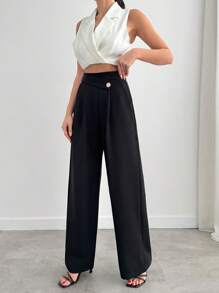 EURMUSE Women Solid Color Button Detailed Wide Leg Pants Women Pants Wide Leg Women S Work Clothes Women S Outfit Wide Leg Jeans Woman Women S Clothes - Black - View 4