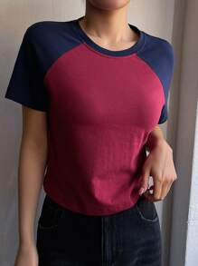 DAZY Camiseta casual de mujer de manga corta, cuello redondo, bloque de color, crop tops de mujer