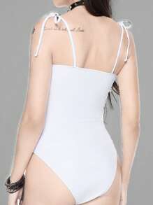 ROMWE Goth Women's One Piece Swimsuit With Bowknot, Graffiti Print, Angel Element, For Summer Beach Vacation, Halloween - Black and White - View 2