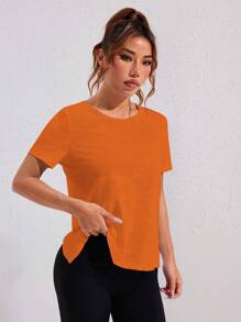 Core Rhythm Camo Contrast Mesh Patchwork Short Sleeve Sports Top, Spring/Summer Gym Women Shirts - Orange - View 4