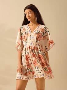 CAJUNI Đầm ngắn rộng rãi cổ chữ V họa tiết hoa nhiệt đới Boho dành cho nữ, trang phục đi biển thường ngày ngày lễ mùa hè - Nhiều màu - Xem 4