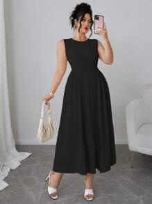 Elenzga Đầm Maxi Cổ Tròn Xếp Ly Không Tay Thanh Lịch Màu Trơn Cho Nữ Cỡ Lớn - màu đen - Xem 5