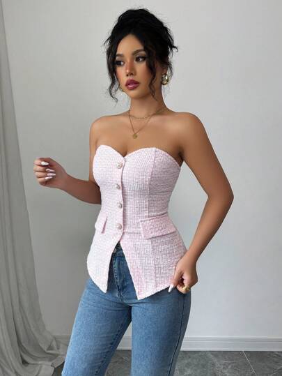 Selianne Women's Textured Pink Strapless Cropped Top With Pearl Button Details, Summer