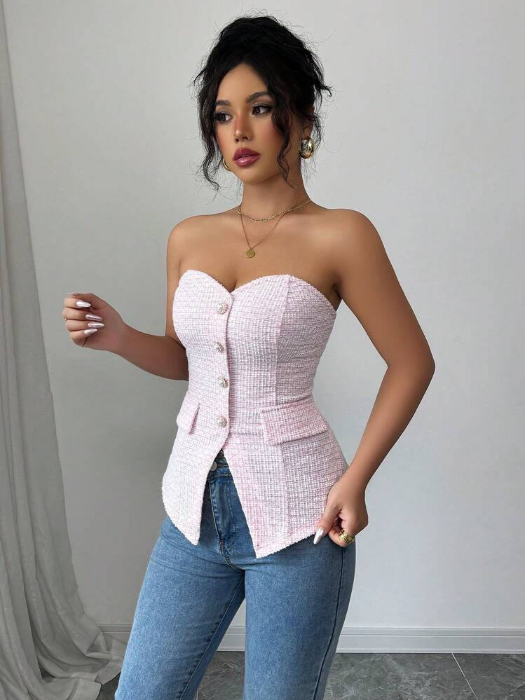 Selianne Femmes Top court texture rose sans bretelle avec détails de boutons de perle, été