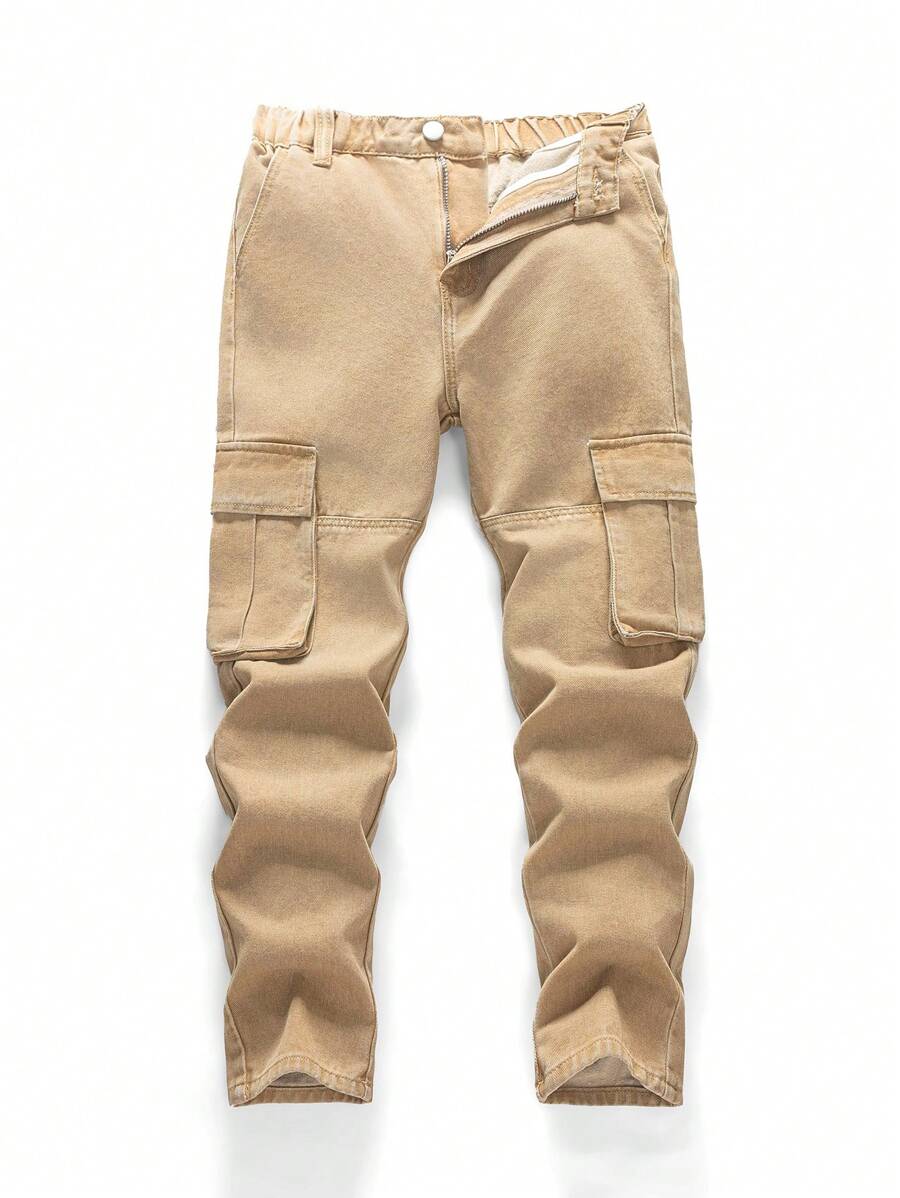 Tween Boy' Casual Fashionable Washed Denim Cargo Pants - Khaki - View 1