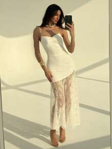 Aloruh Vestido de novia de encaje blanco con volantes ajustados hasta el piso, sin mangas, para primavera/verano - Blanco - Ver 6
