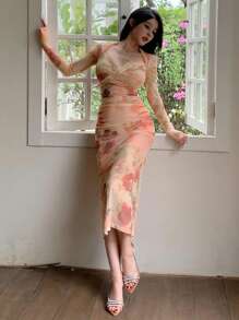 DAZY Đầm dự tiệc dài ngang gối in họa tiết hoa hồng, chất liệu voan mỏng, xẻ tà, thích hợp cho nữ dịp Lễ Tình nhân, mùa thu, tay dài, đầm maxi. - Màu Cam san hô - Xem 3