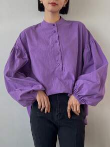 FRIFUL Women's Fashionable Loose Fit Solid Color Stand Collar Shirt, All Match,Fall Clothes - Purple - View 5