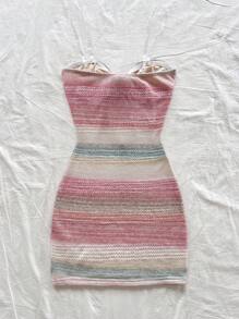 Soleia Women Floral Mesh Patchwork Colorful Knotted Front Sleeveless Slim Waist A-Line Mini Dress, Fit For Vacation, Party, Date, Afternoon Tea - Multicolor - View 6