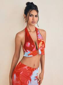 Eva Novielli Top con cuello de halter de malla con estampado en rojo de vacaciones, con relleno, parte posterior con lazo, parte superior de primavera-verano para mujer, para vacaciones de primavera, ajustado a Ibiza
