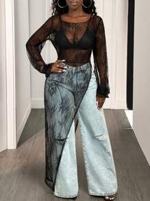 BamGleam Lace Sheer Women's Round Neck Long Sleeve Sexy Fashion Blouse Fall Cloth For Women - Black - View 4