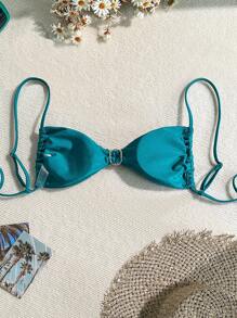 SHEIN Swim Women Solid Color Gold Circular Ornament Spaghetti Strap Beach Bikini Top - Teal Blue - View 2