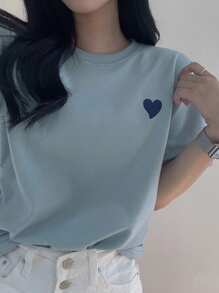 DAZY 女士圆领刺绣撞色心形图案 T 恤，简约设计可爱上衣 - 藍色 - 查看 4