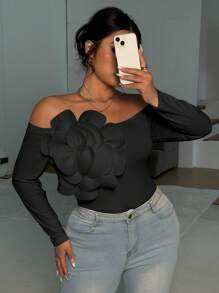Elenzga Plus Size Off Shoulder Floral Decor Tight Fit T-Shirt - Black - View 2