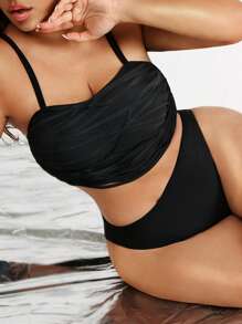 SHEIN Swim SXY Plus Size Women Summer Beach Solid Color Ruffle Casual Tankini Swimwear Set