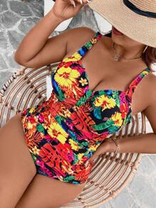 Swim Lushoire Plus Size Women Sexy Floral Print Adjustable Strap One-Piece Swimsuit, Flattering & Slimming Design For Beach, Resort Vacation For Summer - Multicolor - View 3