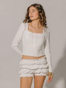 Aralina Boho Festival White Lace Textured Square Neck Shirred Long Sleeve Top - White - View 9