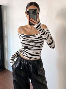 DAZY 女士斑马纹露肩修身百搭T恤黑白春夏长袖女上衣短款女上衣 - 黑與白 - 查看 4