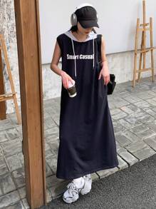 DAZY Gaun Kasual Wanita Panjang Sedang dengan Motif Huruf, Warna Kontras, Tali Serut, dan Tudung, Gaun Musim Panas - Navy Blue - View 2