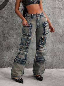 SHEIN ICON 女士多口袋喇叭百搭休闲牛仔裤