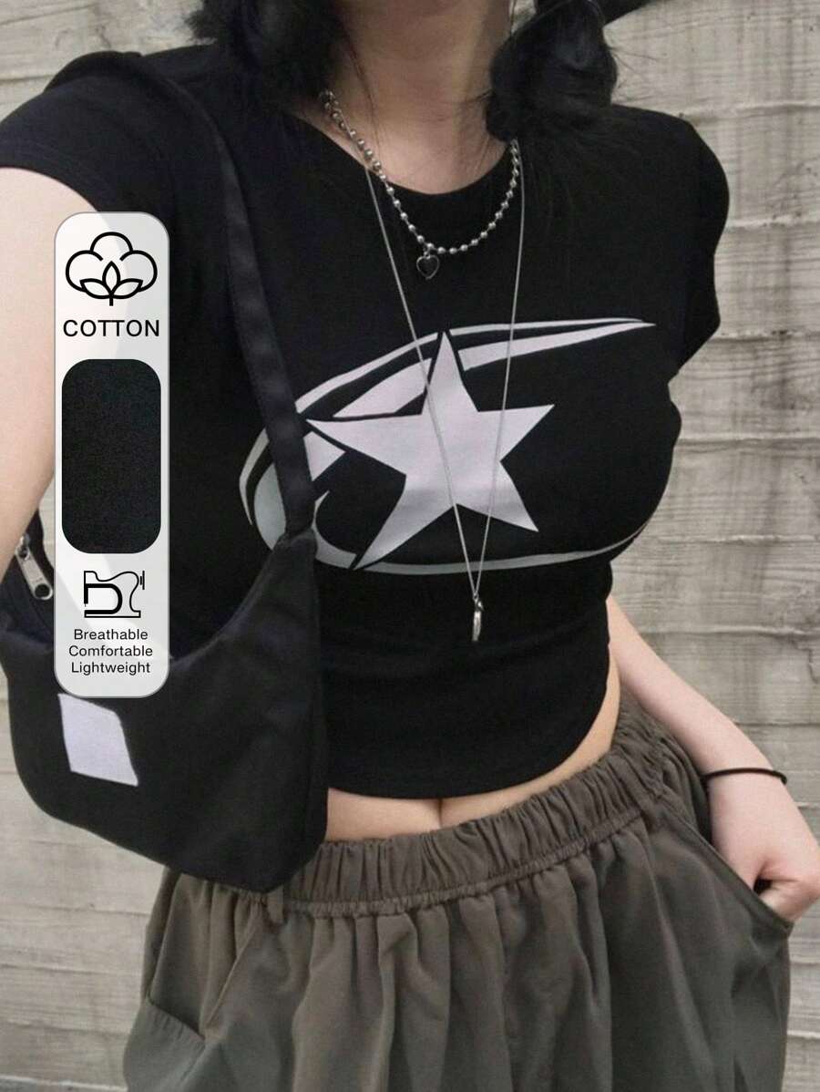 DAZY 女式星星月亮印花短款 T 恤 Y2k - 黑色 - 查看 1