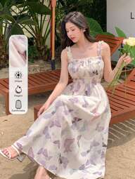 DAZY Women's Butterfly Printed Spaghetti Strap Dress With Cinched Waist, Summer Vacation Cruise Women Outfits Sundress