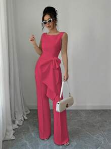 Elenzga 优雅无袖上衣和阔腿白色裤子两件套，修身时尚淑女风时尚服装 - 玫紅色 - 查看 5