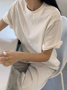 DAZY Solid Round Neck Tee Oversized T-Shirt - White - View 2