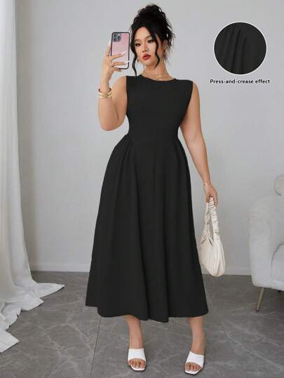Elenzga Plus Size Women Solid Color Round Neck Pleated Sleeveless Elegant Dress Maxi Women Outfit