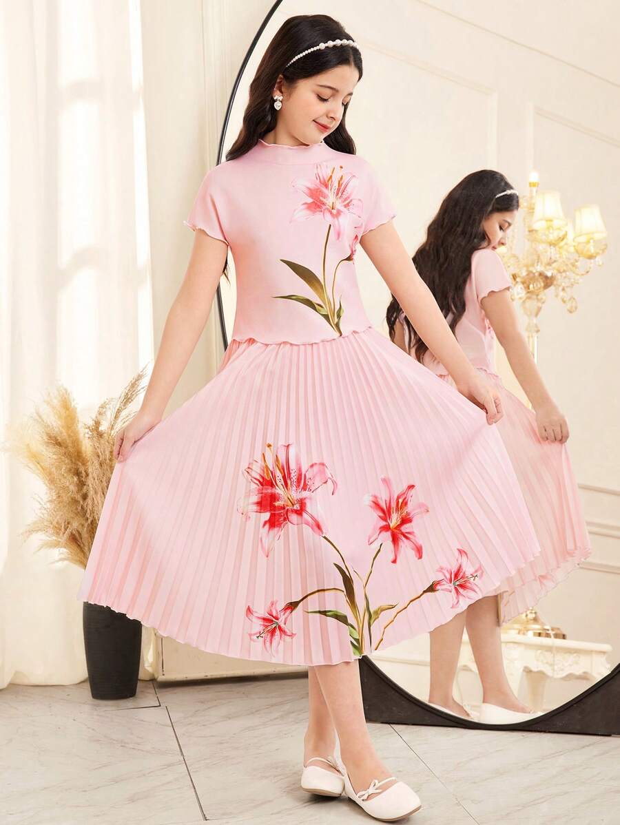 SHEIN 女童针织百合花印花上衣和百褶裙两件套，适合花园茶会、春季旅行、情人节女童、花童连衣裙 - 粉色 - 查看 1