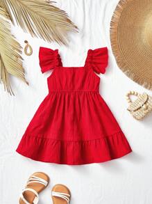 Travachic KIDS Babygirl Cute Summer Red Ruffled Cap Sleeve Dress - Red - View 2