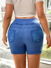 Flirla Pantalones cortos tipo legging de talla grande con efecto estampado de denim para mujer