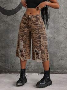 SHEIN ICON Women's Zebra Print Distressed Cargo Pocket Frayed Hem Casual Denim Shorts - Multicolor - View 6