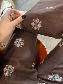 FRIFUL Pantalones acampanados de ajuste ceñido con estampado para mujeres, casuales y elegantes para uso diario - Marrón - Ver 9