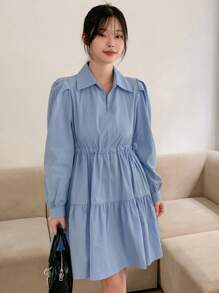Solid Puff Sleeve Ruffle Hem Shirt Dress,Fall Dress Long Sleeve Dress - Blue - View 9