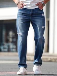 Manfinity Homme Men's Casual Relaxed Fit Straight Leg Ripped Jeans With Pockets - Blue - View 5