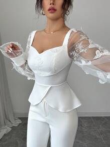 Elenzga 2025 秋季新款 3D 花卉网眼拼布衬衫，法式时尚修身长袖全白衬衫，适合通勤、度假、约会、郊游、花园、家庭聚会、劳动节、节假日、独立日、返校、教师节、万圣节、感恩节秋季 - 白色 - 查看 6