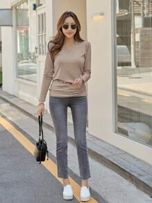 DAZY Solid V Neck Tee,Fall Clothes,Back To School Clothes Long Sleeve Women Tops - Apricot - View 5