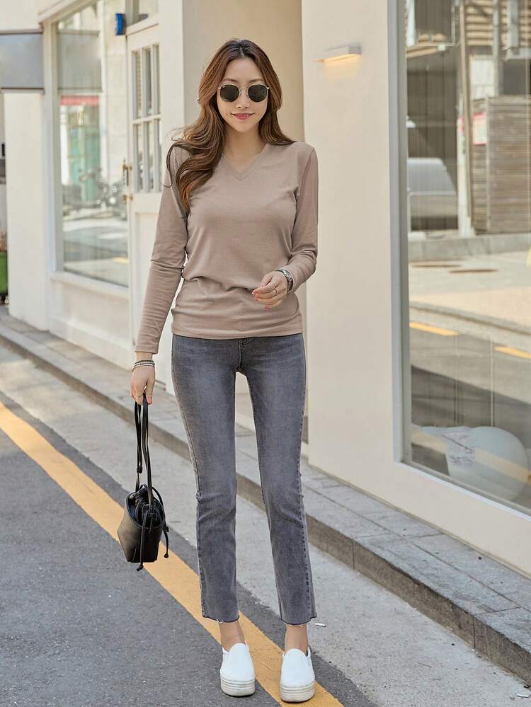 Solid V Neck Tee,Fall Clothes,Back To School Clothes Long Sleeve Women Tops
