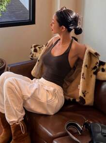 DAZY Women's Summer Solid Color Slim Fit Halter Neck Tank Top - Coffee Brown - View 5