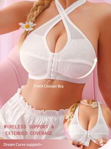 1pc Women Lace & Mesh Splicing Front Closure Wireless Lingerie Bra - White - View 3