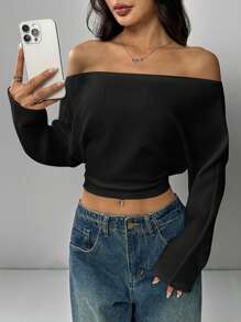 SHEIN EZwear Women's Off Shoulder Solid Color Long Sleeve Crop Top