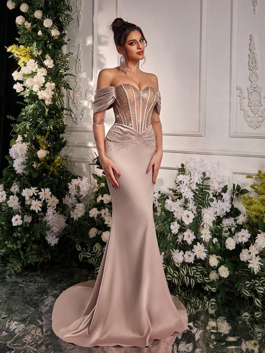 Glamrae Váy đuôi cá xếp nếp bằng vải satin co giãn đính đá Rhinestone sang trọng thanh lịch, thích hợp cho đám cưới, tiệc tùng, kỳ nghỉ, vũ hội, sự kiện trang trọng, váy dự tiệc, váy dự tiệc cưới, váy dạ hội - Màu Khaki - Xem 1