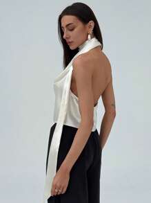 Aloruh 女士杏色优雅女神伴娘婚礼派对约会浪漫度假飘逸深V露背性感上衣，夏季 - 杏色 - 查看 3