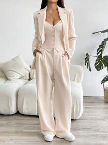 SHEIN EZwear 秋冬女士纯色缺口领长袖夹克、单排扣背心和裤子套装 - 杏色 - 查看 5