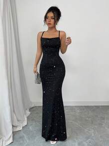 Elenzga Vestido de sirena con tirantes finos y espalda descubierta, con brillo y destellos, para ocasiones formales